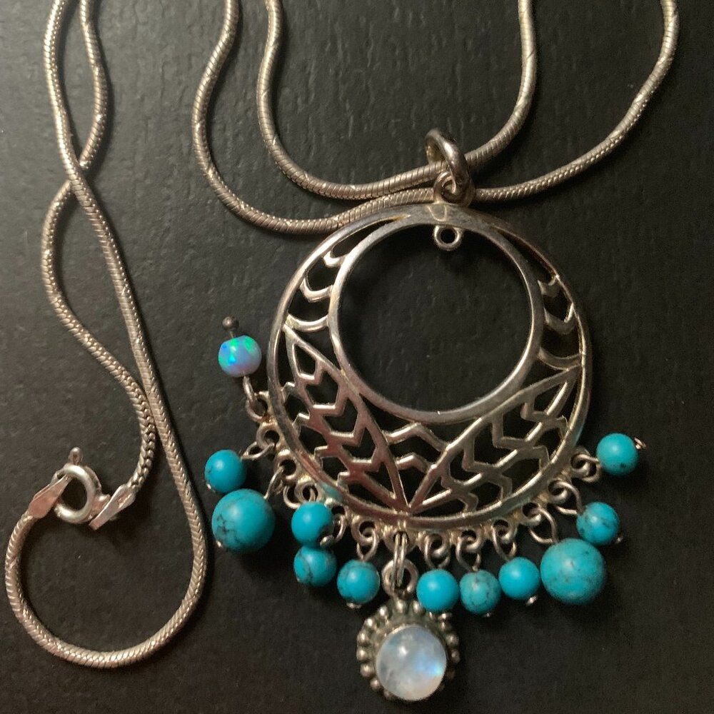 Southwestern Style Sterling Silver Turquoise & Moonstone Chain Necklace